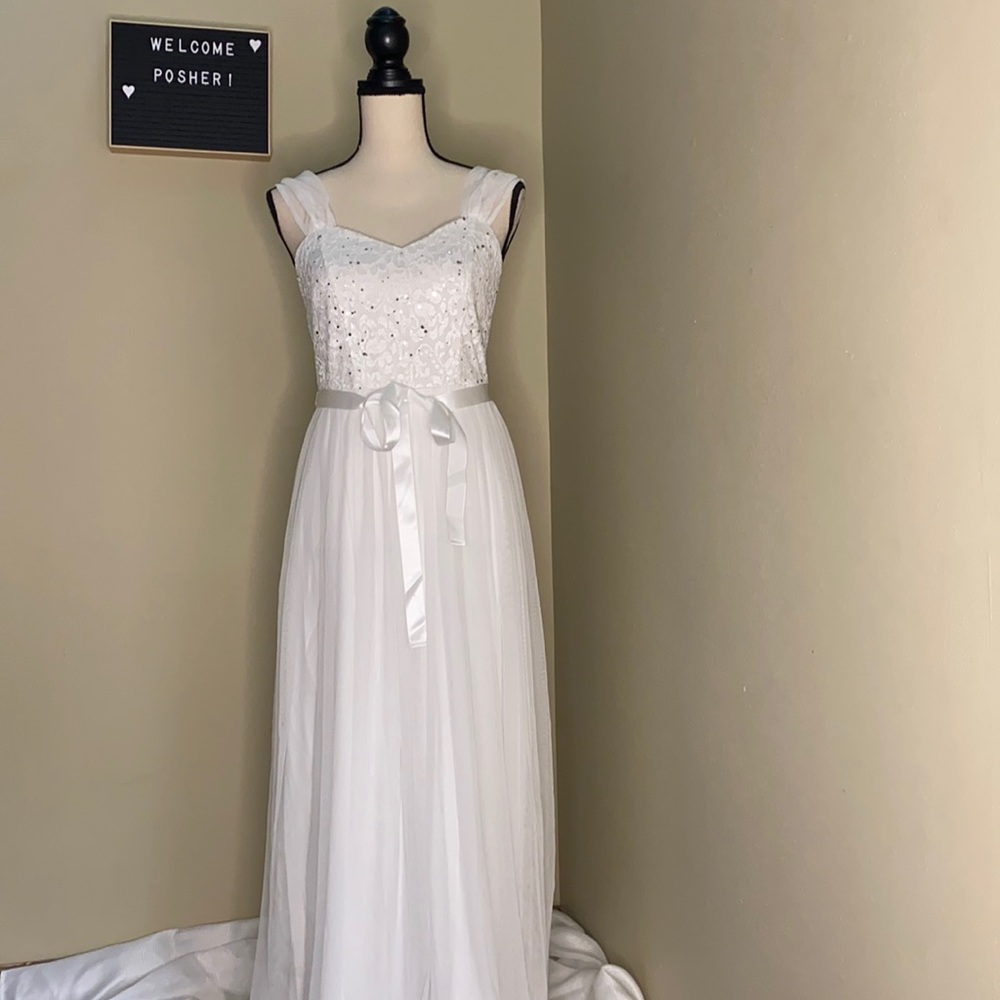 White chiffon embellished floor length dress.